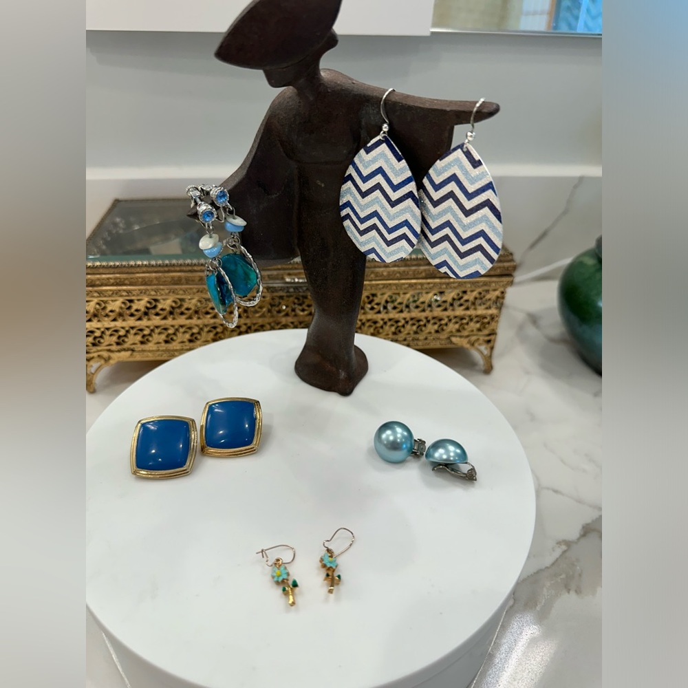 VTG LOT of 5 PRS - Blue-Themed Costume Jewelry Earrings - 1 Pr Marked Japan, EUC